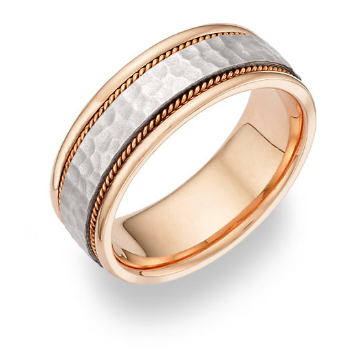 Two-Tone Hammered Wedding Band Ring - 14K Gold