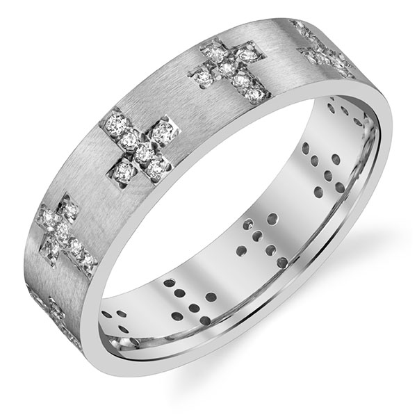 14K White Gold Alternating Diamond Cross Wedding Band Ring