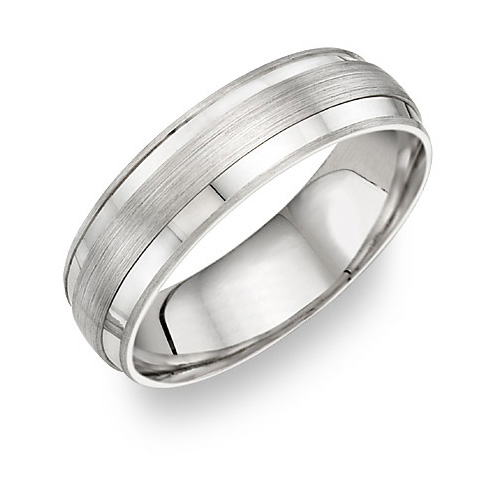 14K White Gold Brushed Center Design Wedding Band Ring