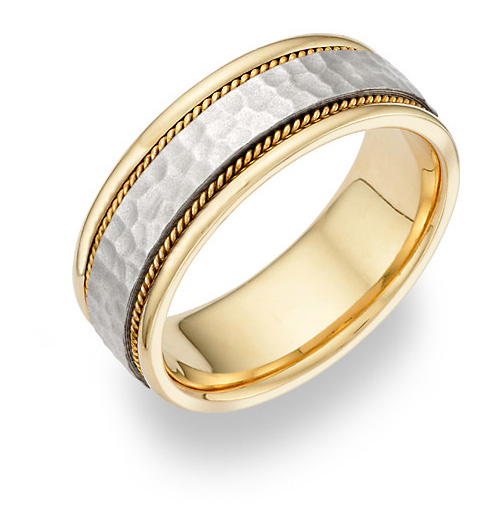 14k two-tone gold rugged hammered wedding band ring
