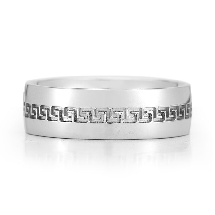 Engraved Greek Key Wedding Band Ring 14K White Gold