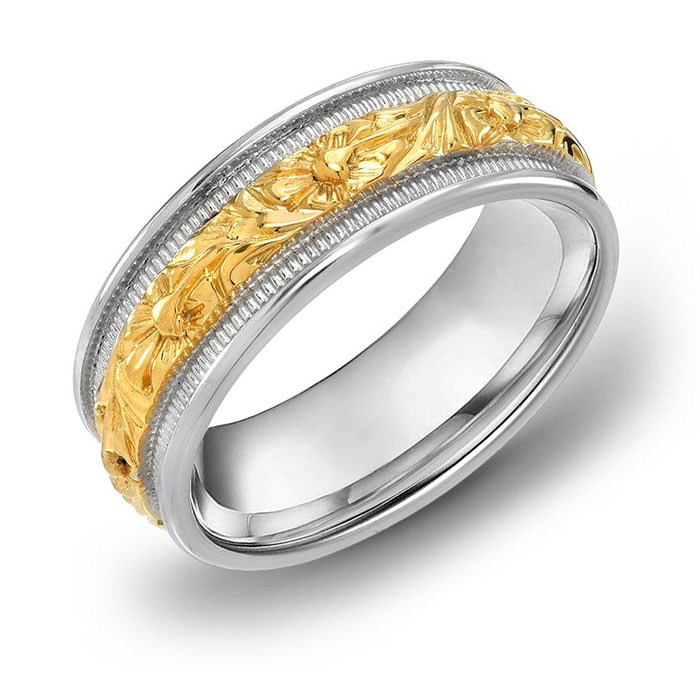 etched floral wedding band ring 14k two-tone gold