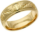 Gold Christian Cross and Leaves Wedding Band Ring