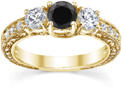1 Carat Floral-Engraved Black and White Diamond Engagement Ring, 14K Yellow Gold