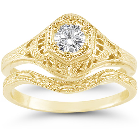 1800s Antique-Style 1/3 Carat Diamond Engagement and Wedding Ring Set, 14K Yellow Gold