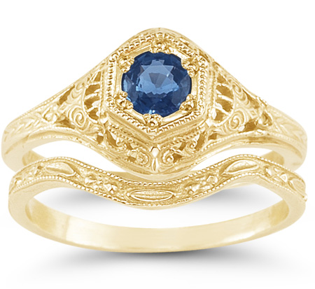 1800s Antique-Style Blue Sapphire Bridal Wedding Ring Set, 14K Yellow Gold