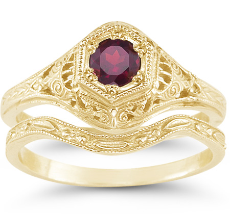 1800s Era Antique-Style Red Ruby Wedding Bridal Ring Set, 14K Yellow Gold
