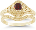 1800s Period Style Red Garnet Bridal Wedding and Engagement Ring Set in 14K Yellow Gold