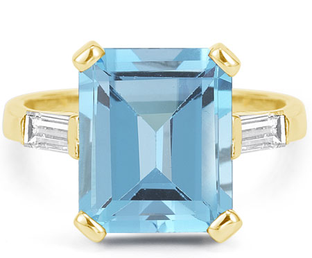 5 Carat Emerald-Cut Blue Topaz and Baguette Diamond Ring in 14K Yellow Gold