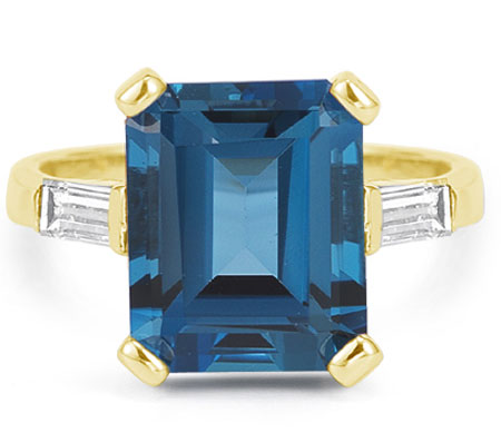 5 Carat Emerald-Cut London Blue Topaz and Diamond Ring in 14K Yellow Gold