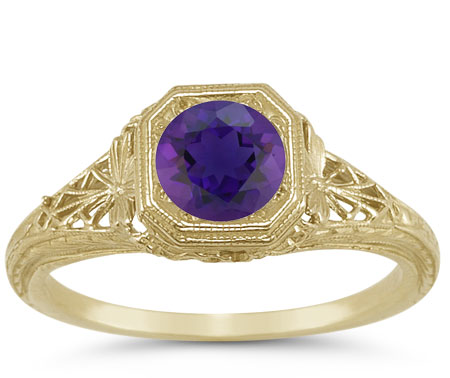 Antique-Inspired Lattice Filigree Purple Amethyst Ring in 14K Yellow Gold