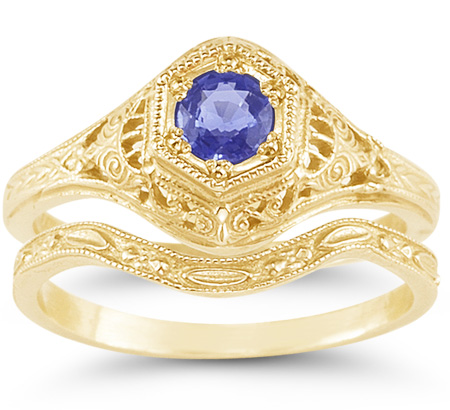 Antique-Style 1800s Era Tanzanite Engagement and Wedding Ring Set, 14K Yellow Gold