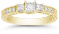 1 Carat Antique-Style Three Stone Princess Cut Diamond Engagement Ring, 14K Yellow Gold