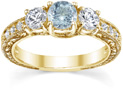 Antique-Style Aquamrine and Diamond Three Stone Engagement Ring, 14K Yellow Gold