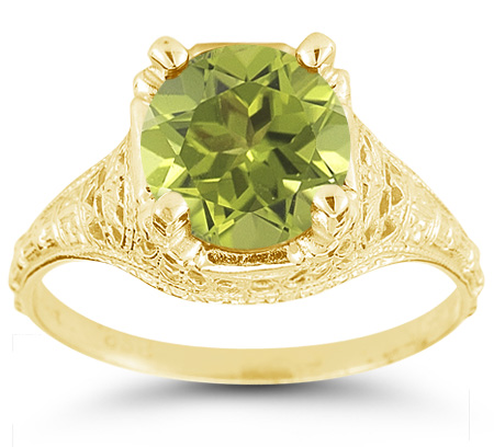 Antique-Style from the 1800s Period Floral Green Peridot Ring in 14K Yellow Gold
