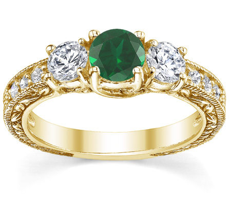 Antique-Style Three-Stone Green Emerald and Diamond Engagement Ring, 14K Yellow Gold