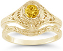 Antique-Style Victorian Yellow Citrine Bridal Wedding and Engagement Ring Set, 14K Yellow Gold