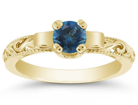 Art Deco Deep London Blue Topaz Engagement Ring, 14K Yellow Gold