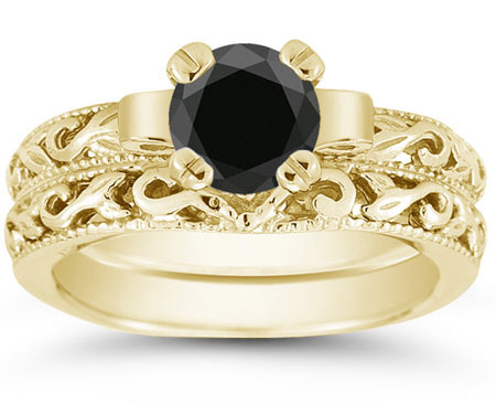 Black Diamond 1 Carat Lotus Flower Bridal Wedding Ring Set, 14K Yellow Gold