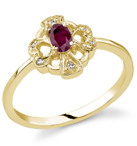 Cross and Heart Red Ruby and Diamond Ring, 14K Yellow Gold