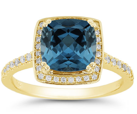 Cushion-Cut Deep London Blue Topaz and Diamond Halo Ring, 14K Yellow Gold