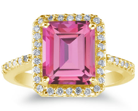 Emerald-Cut Pink Topaz and Diamond Cocktail Ring 14K Yellow Gold