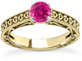 Engraved Heart Band Pink Topaz Ring, 14K Yellow Gold