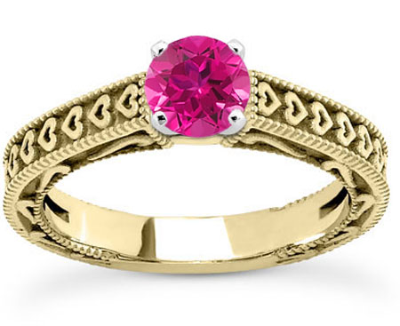 Engraved Heart Band Pink Topaz Ring, 14K Yellow Gold