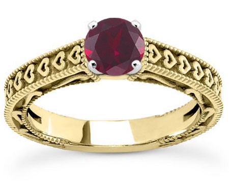 Engraved Heart Band Red Ruby Engagement Ring, 14K Yellow Gold