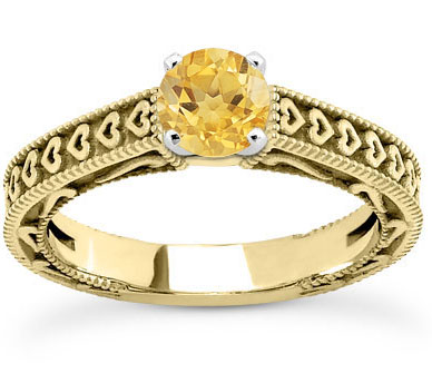 Engraved Heart Band Yellow Citrine Engagement Ring, 14K Yellow Gold