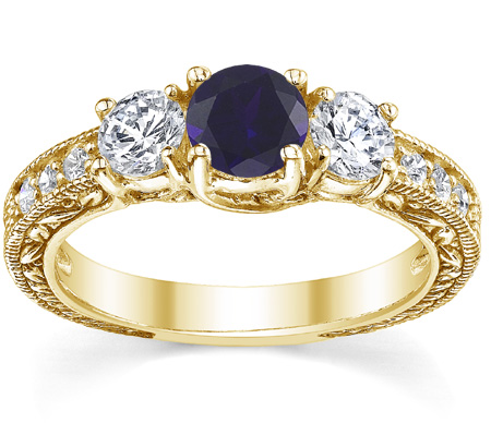 Floral-Carved Blue Sapphire and Diamond Three Stone Engagement Ring, 14K Yellow Gold
