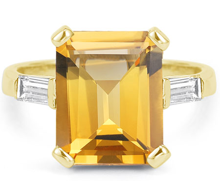 Large Emerald-Cut Citrine and Baguette Diamond Ring, 14K Yellow Gold