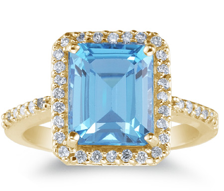 Large Swiss Blue 10mm x 8mm Topaz and Diamond Cocktail Ring, 14K Yellow Gold