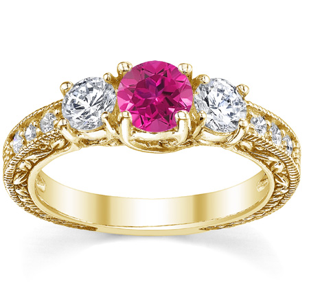Pink Topaz and Diamond Three-Stone Antique-Style Engagement Ring, 14K Yellow Gold