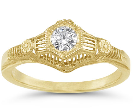 1/4 Carat Antique-Made Floral Diamond Engagement Ring, 14K Yellow Gold