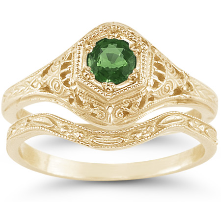 Victorian-Period Antique-Style Emerald Wedding and Engagement Ring Set, 14K Yellow Gold