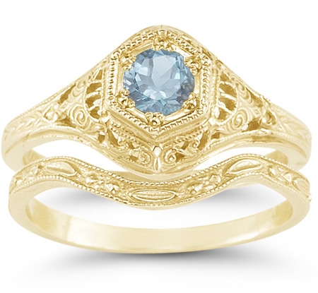 Victorian-Period Aquamarine Wedding Ring Engagement Set, 14K Yellow Gold