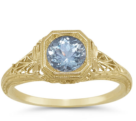 Vintage Period Lattice Design Filigree Aquamarine Ring in 14K Yellow Gold