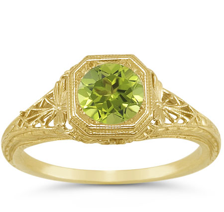 Vintage-Style Filigree Light Green Peridot Ring in 14K Yellow Gold