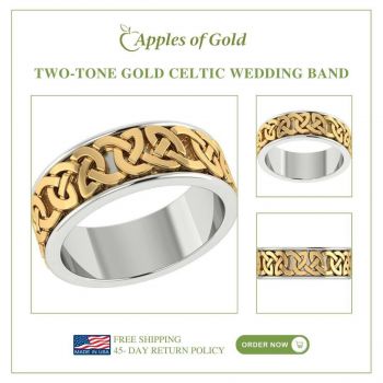 Wide 14K Two-Tone Gold Celtic Wedding Band Ring 5
