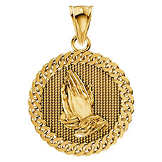 Large 18K Gold Praying Hands Medallion Pendant for Men with Chain Border
