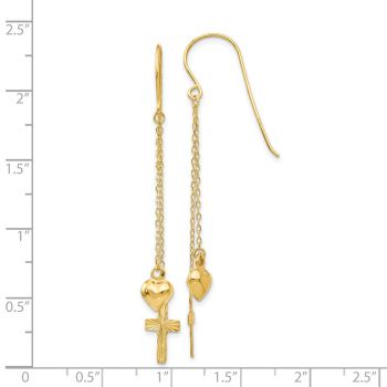 Puffed Heart and Cross Dangle Earrings, 14K Gold 3