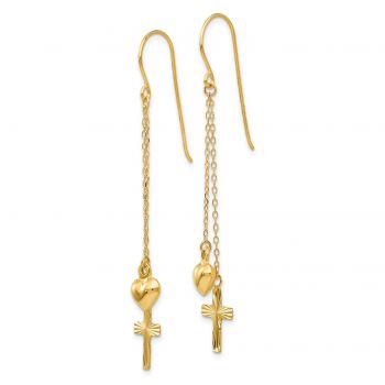 Puffed Heart and Cross Dangle Earrings, 14K Gold 2