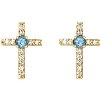 Genuine Aquamarine and Diamond Cross Earrings in 14K Gold 2