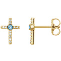 Genuine Aquamarine and Diamond Cross Earrings in 14K Gold