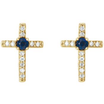 Real Blue Sapphire and Diamond Cross Earrings in 14K Gold 2