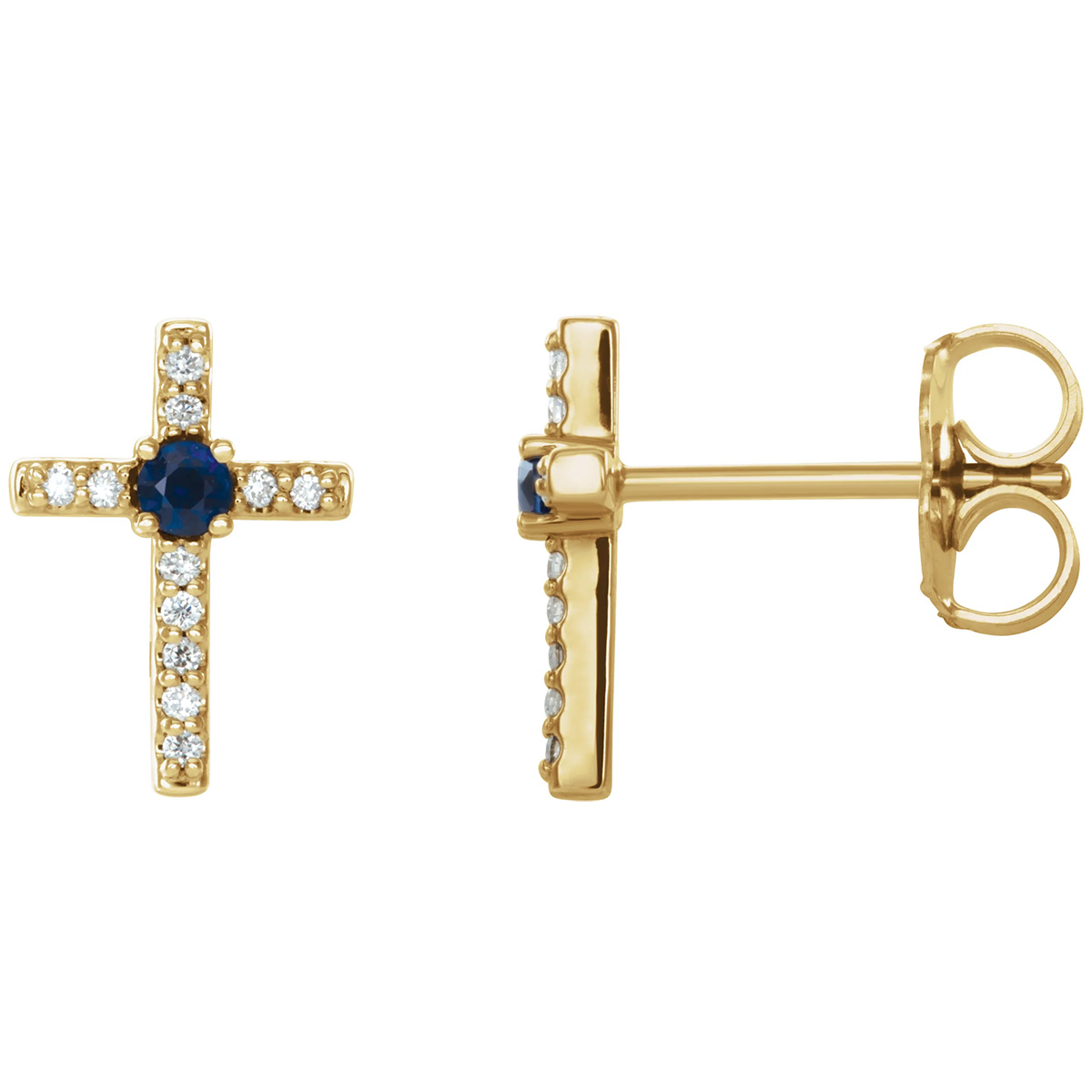Real Blue Sapphire and Diamond Cross Earrings in 14K Gold