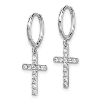 Silver CZ Cross Dangle Hoop Earrings 2