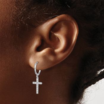 Silver CZ Cross Dangle Hoop Earrings 4