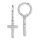 Silver CZ Cross Dangle Hoop Earrings